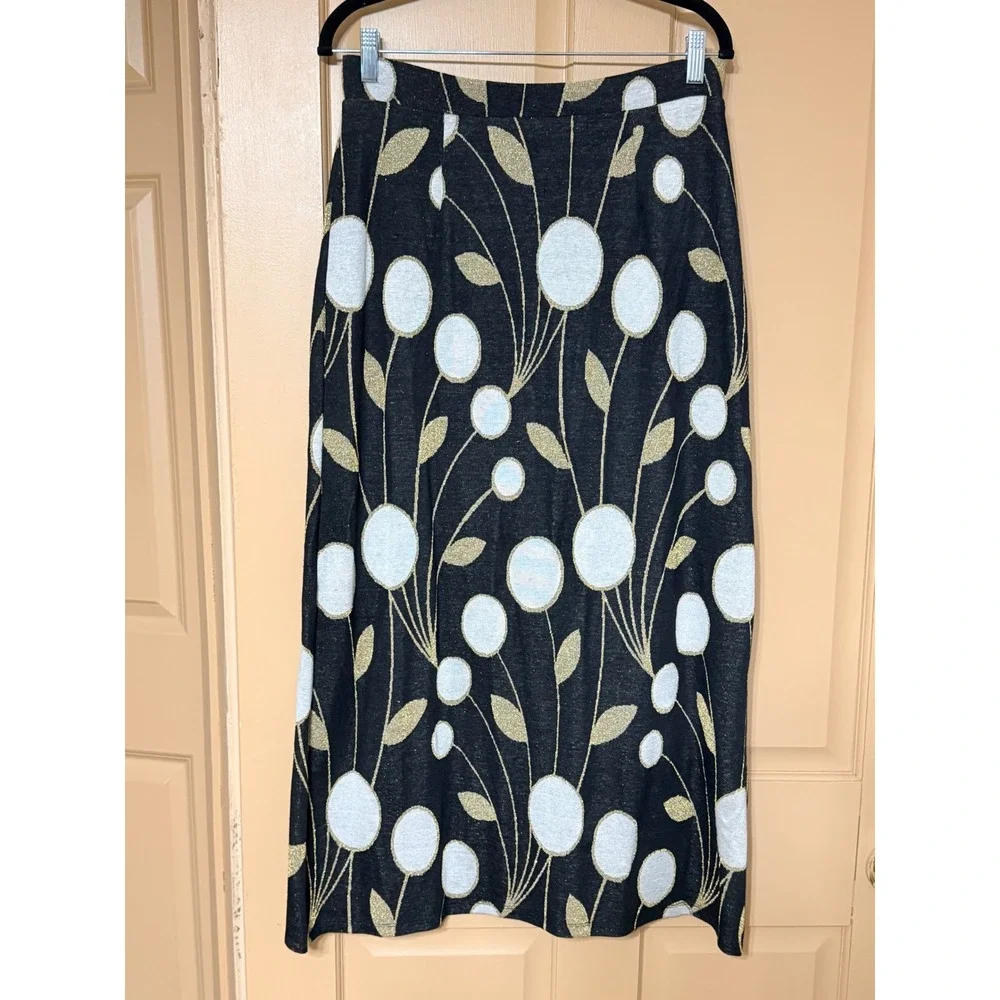 Maeve Anthropologie Metallic Floral Tulip Wrap Midi Skirt Black Gold Silvr M NWT